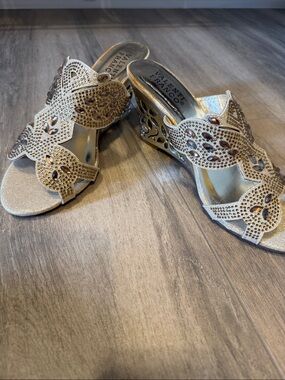 Valenti Franco Gold Jeweled Cutout Wedge Mules